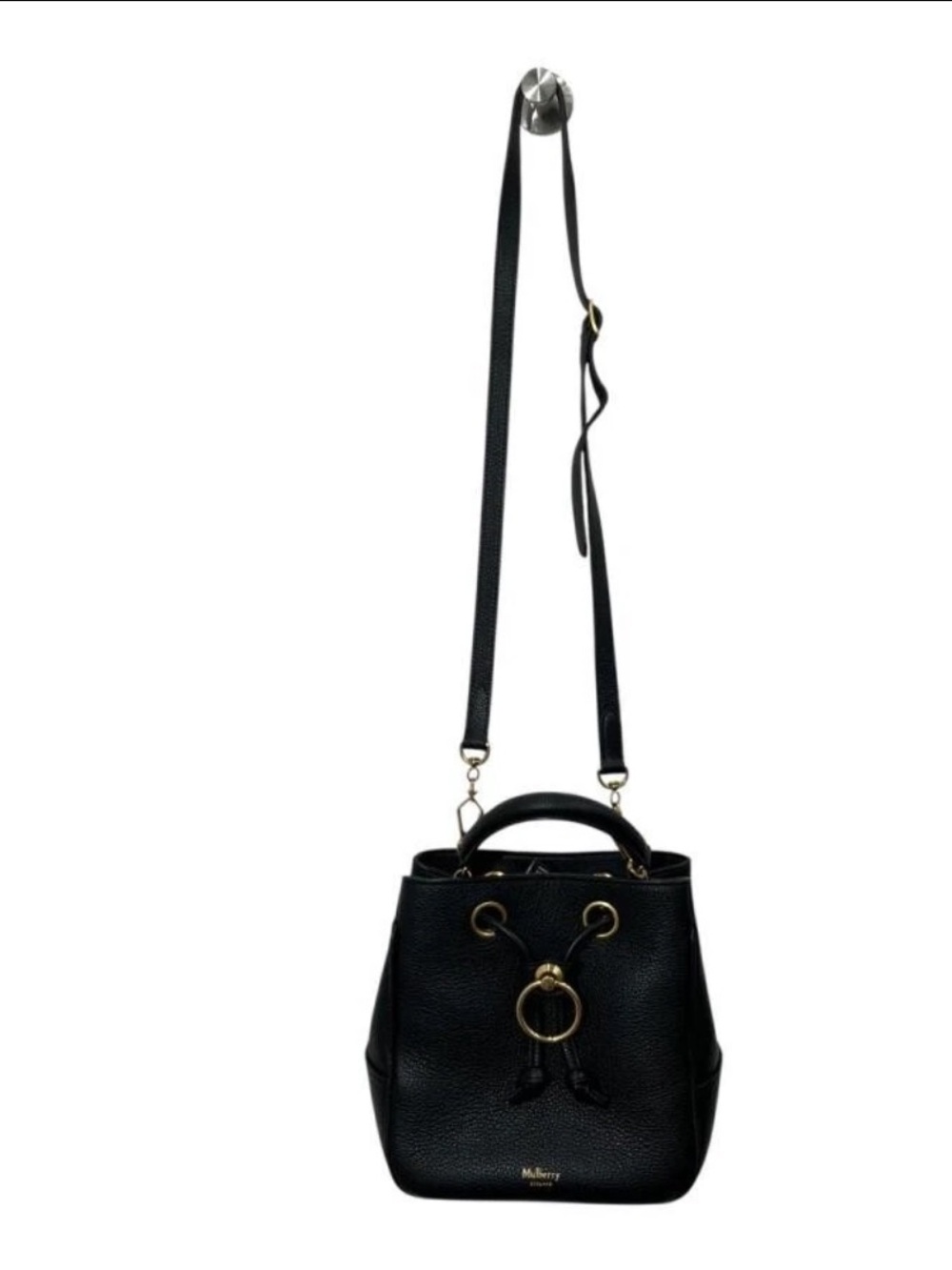 Mulberry Black Leather Drawstring Bucket Crossbody Bag